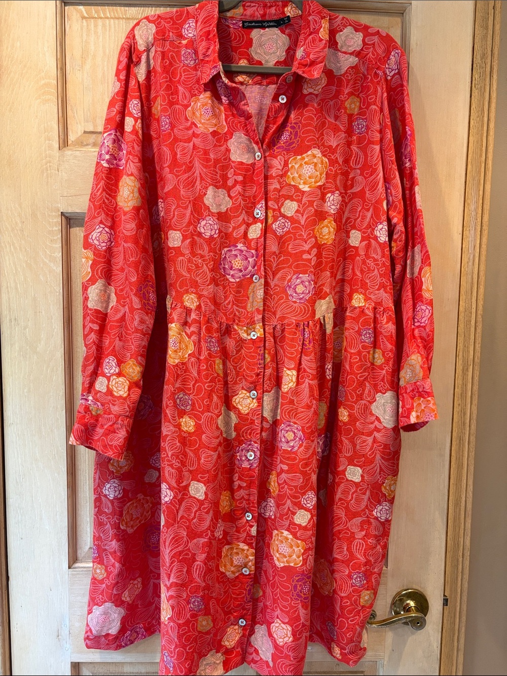Gudrun Sjoden Bright Tangerine Floral Button-Front Dress Size L